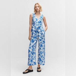 Mango Floral-Print Jumpsuit With Tie Blue and White Print Size Extra Small